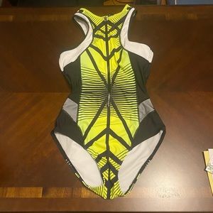 Zip up one piece high neck swim suit